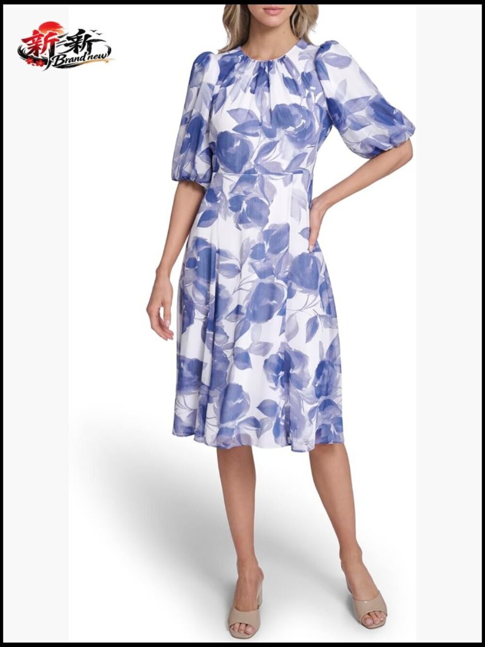 Puff Sleeve Floral Chiffon A-Line Dress, Knee-Length, Zipper Closure
